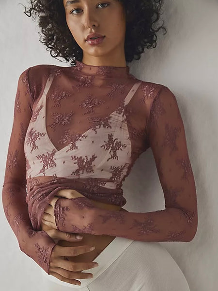 Free People Lady Lux Printed Layering Top- Fawn Combo