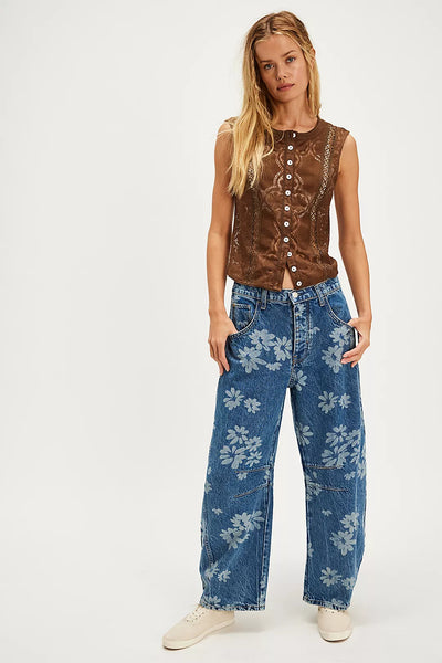 Free People We The Free Good Luck Printed Barrel Jeans - Laser Daisy