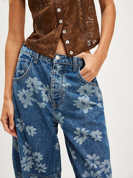Free People We The Free Good Luck Printed Barrel Jeans - Laser Daisy