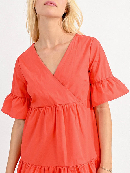 Tiered V-Neck Dress- Red Orange
