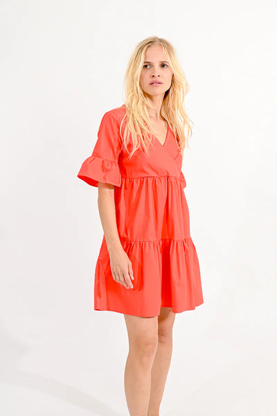 Tiered V-Neck Dress- Red Orange