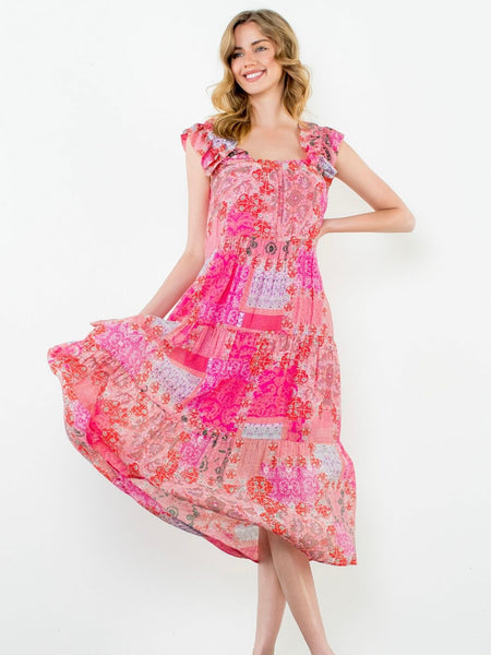 Multi Print Tiered Long Dress - Pink