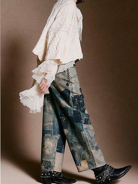 Free People Illusions Printed Relaxed Jeans - Indigo Combo