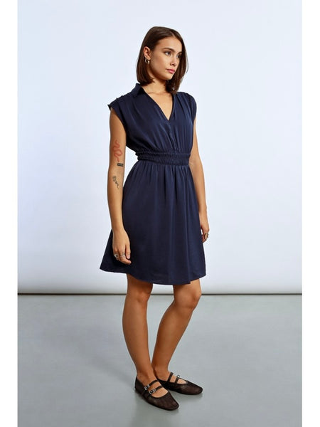 Satin V-Neck Dress - Navy