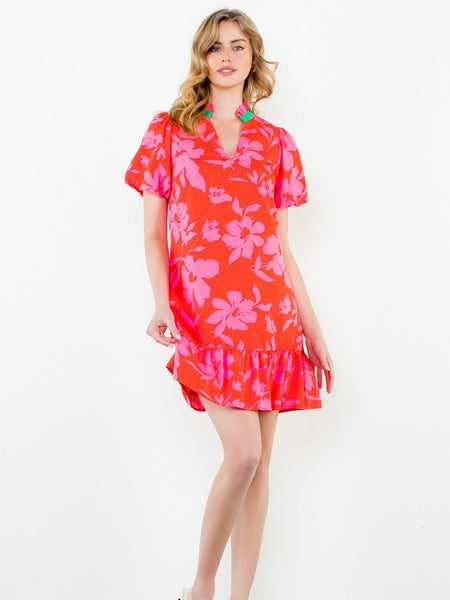 Puff Sleeve Floral Print Dress - Red