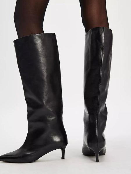 Free People Kiki Kitten Heel Boots - Black Leather