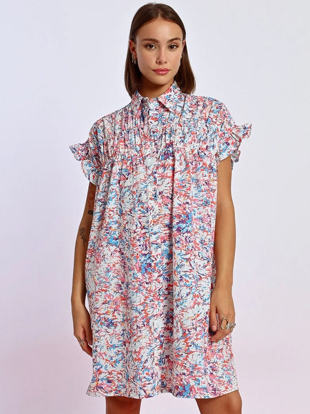 Printed & Gathered Shirt Dress - Offwhite Carmen