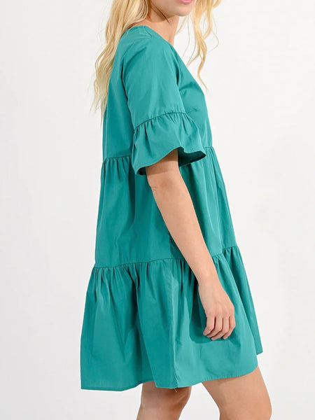 Tiered V-Neck Dress- Teal