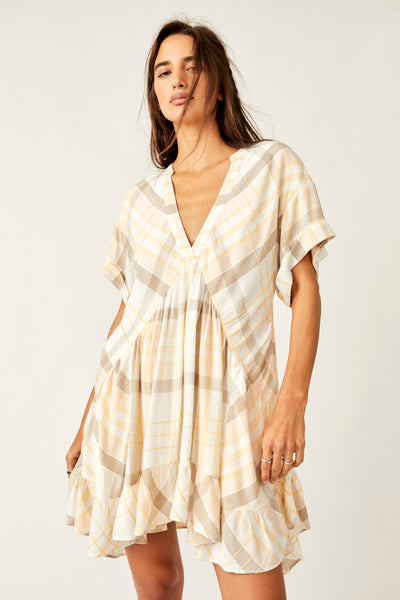 Free People Agnes Plaid Mini Dress- Neutral Combo