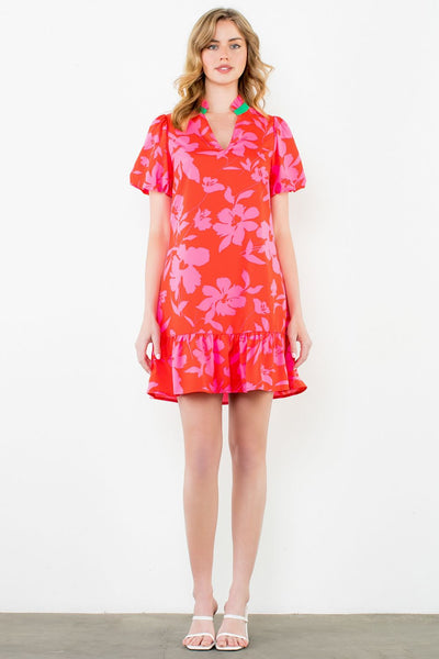 Puff Sleeve Floral Print Dress - Red