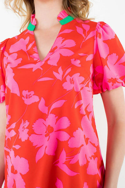 Puff Sleeve Floral Print Dress - Red