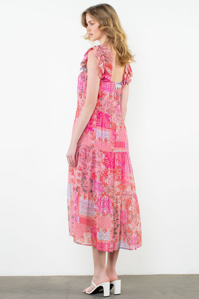Multi Print Tiered Long Dress - Pink