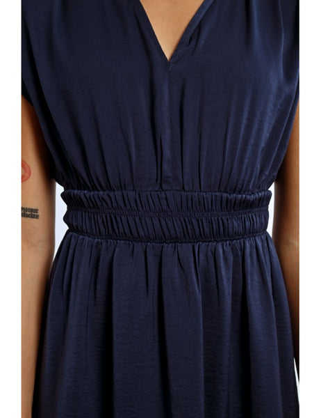 Satin V-Neck Dress - Navy