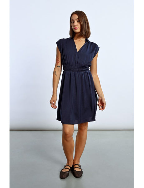 Satin V-Neck Dress - Navy