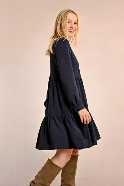 Crossed V-Neck Long Sleeve Dress - Navy