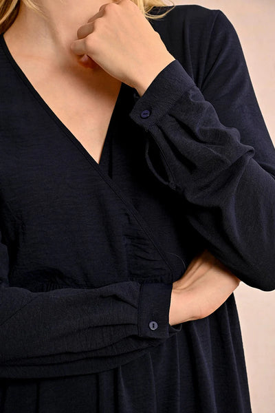 Crossed V-Neck Long Sleeve Dress - Navy