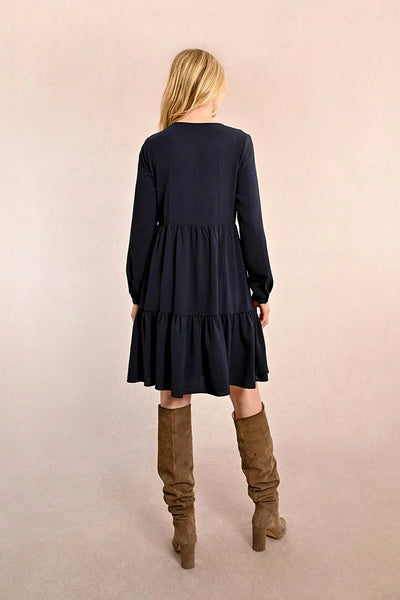 Crossed V-Neck Long Sleeve Dress - Navy
