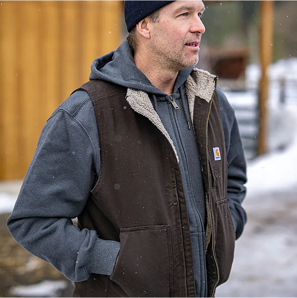 Carhartt Men’s Mock-Neck Sherpa-Lined Vest - Loose Fit - Washed Duck - Dark Brown