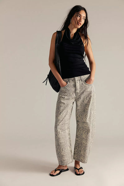 Free People Good Luck Printed Barrel Jeans- Snake Combo