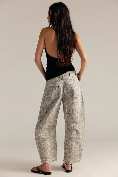 Free People Good Luck Printed Barrel Jeans- Snake Combo