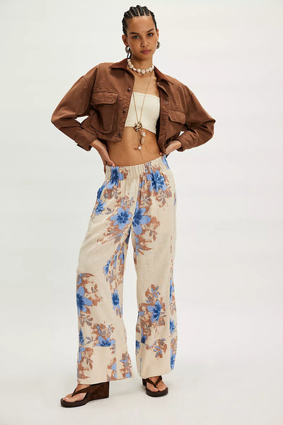 Free People Day’s End Linen Printed Pull-On Pants - Ivory Combo-Floral