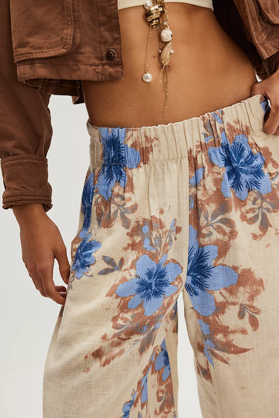 Free People Day’s End Linen Printed Pull-On Pants - Ivory Combo-Floral