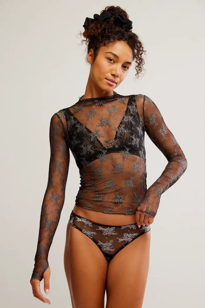 Free People Lady Lux Printed Layering Top- Black Combo