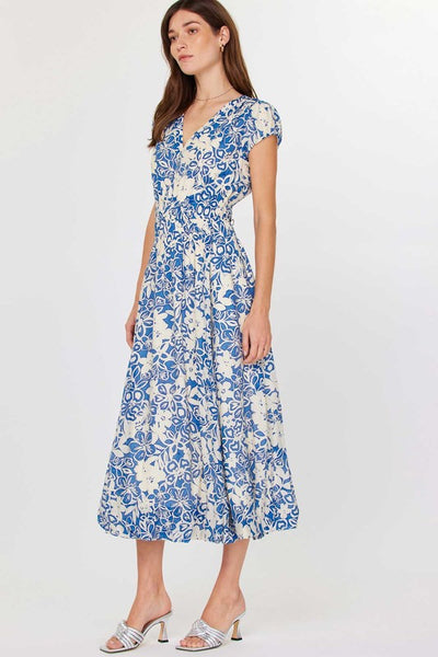 Floral Printed Bubble Hem Long Dress - Blue Mlt