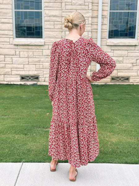 Floral Tiered Midi Dress - Burgandy