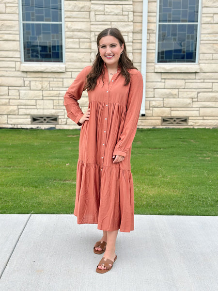 Long Sleeve Midi Dress - Rust
