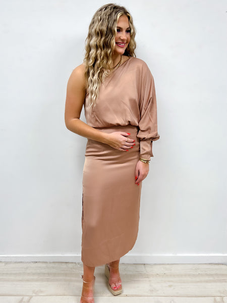 Champagne Satin Midi Dress-Taupe