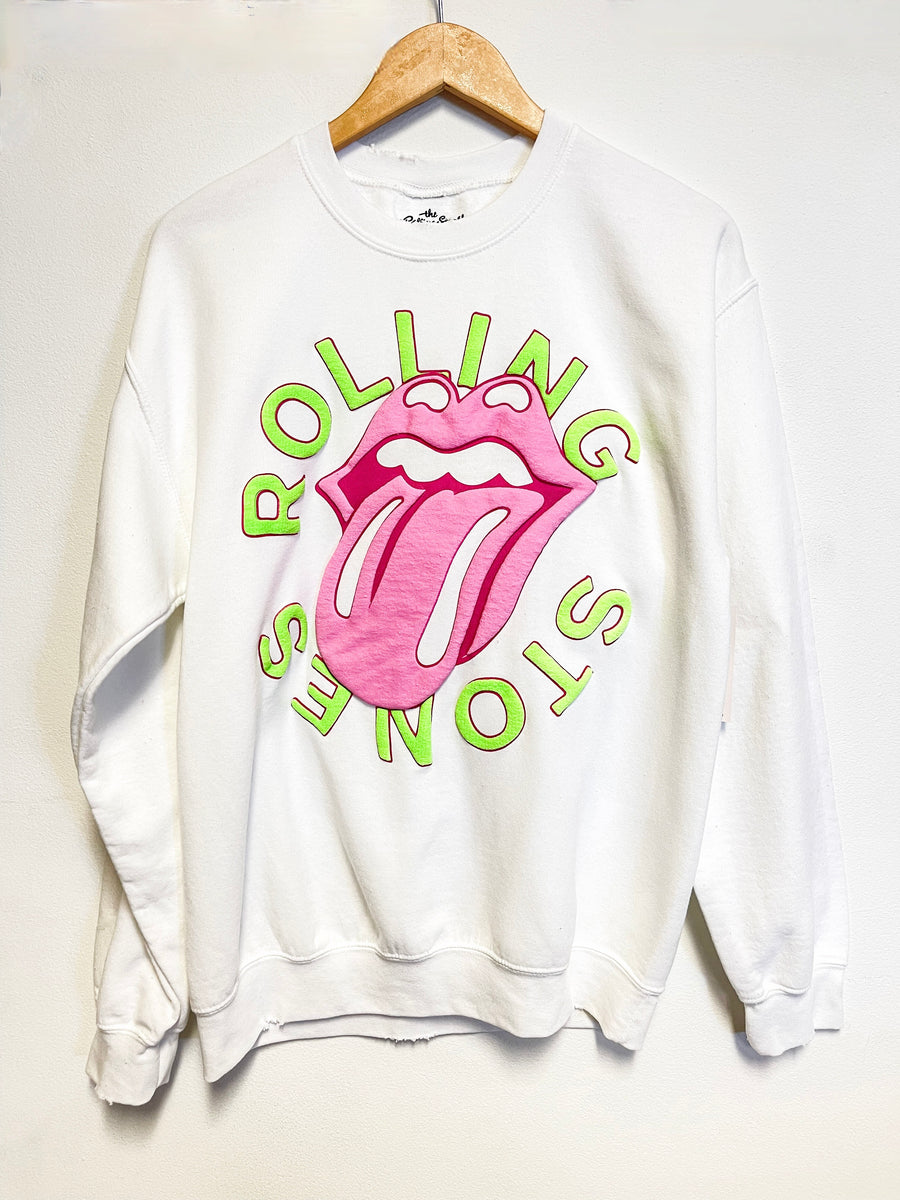 Rolling Stones Neon Puff Classic Lick White Thrifted Sweatshirt Davis Country Store