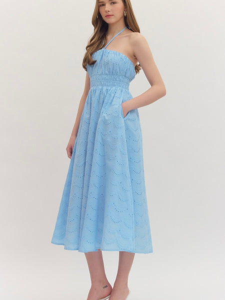 Blue Eyelet Halter Midi Dress