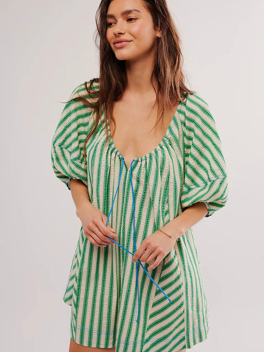 Free People Bop Around Romper - Green Combo