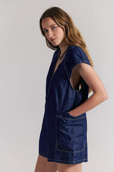 Free People Free Fall Denim Romper - Deep Blue