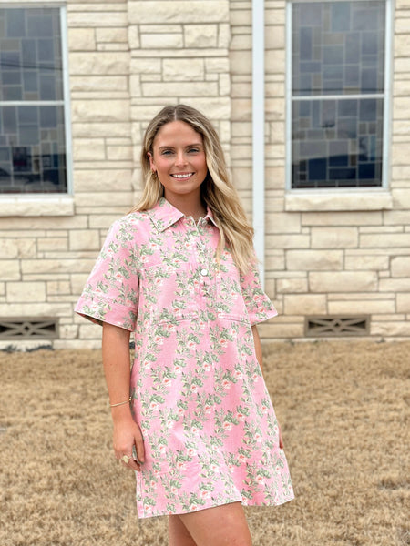 Entro Denim Floral Mini Dress - Pink