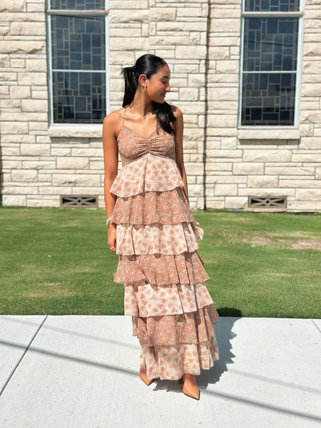 Romantic Floral Tiered Maxi Dress - Clay Multi