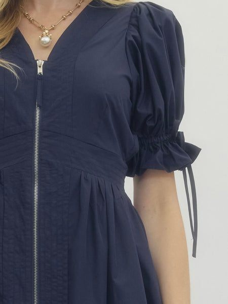 Entro Puff Sleeve Midi Dress - Navy Blue