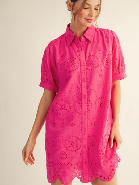 Hot Pink Scallop Hem Eyelet Dress