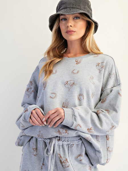 Western Printed Sweatshirt - Grey