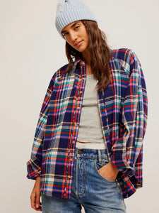 Free People Girl Meets Boy Plaid Shirt- Navy Combo