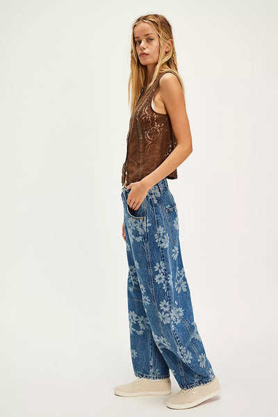 Free People We The Free Good Luck Printed Barrel Jeans - Laser Daisy