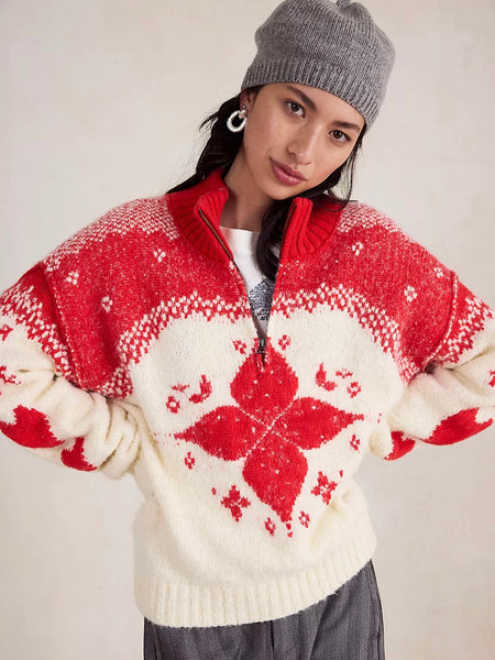 Free People Mythical Knit Sweater - Vanilla Scarlet Combo
