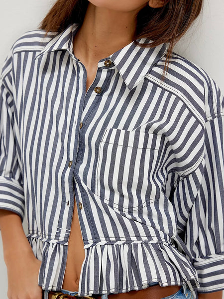 Free People Bailey Stripe Shirt - Nautical Navy Combo