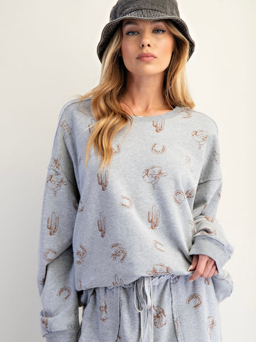 Western Printed Sweatshirt - Grey