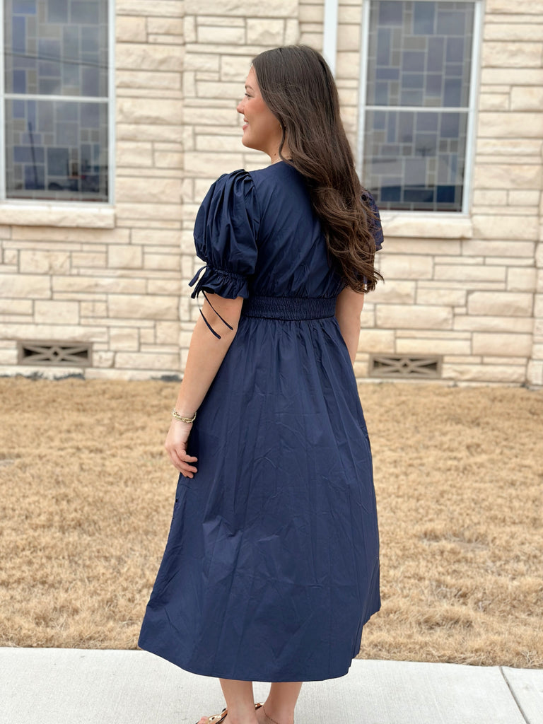 puff sleeve midi dress blue Royal Blue Midi Dress Open Back Cocktail Dress With Puff Sleeves and Tailored Fit