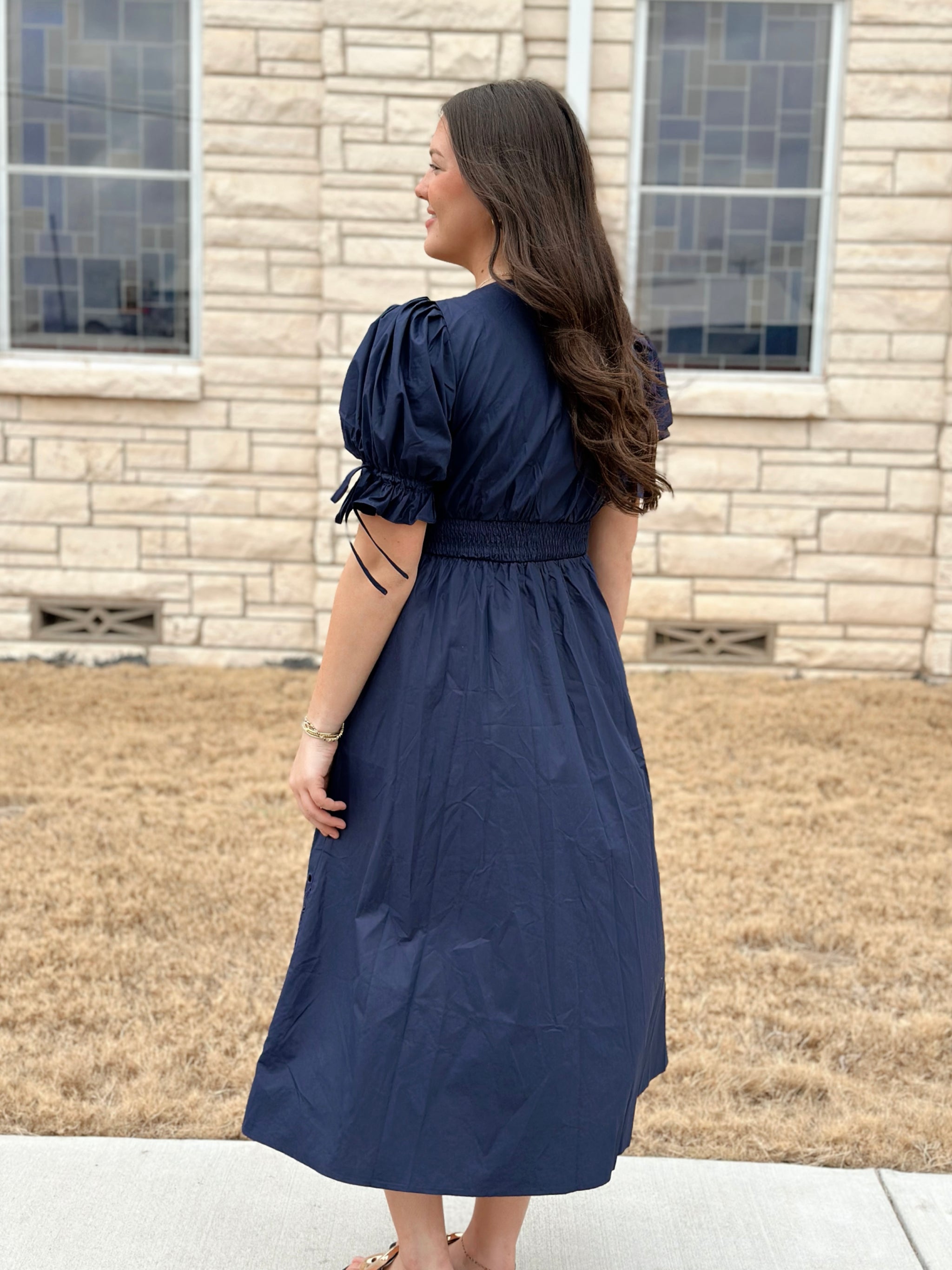 puff sleeve blue midi dress Simply Beloved Blue Puff Sleeve Bodycon Midi Dress