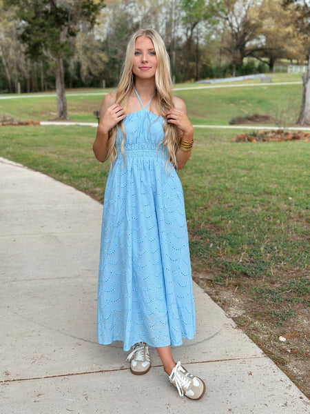 Blue Eyelet Halter Midi Dress