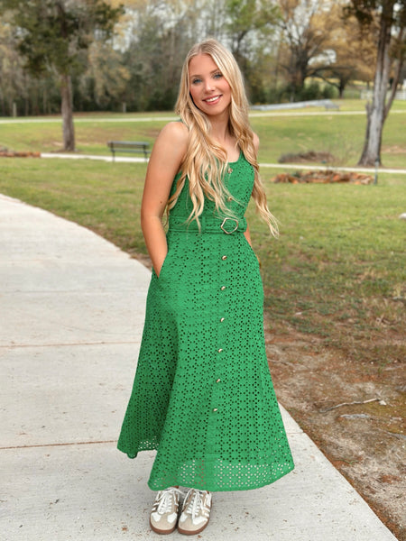 Green Eyelet Midi Dress