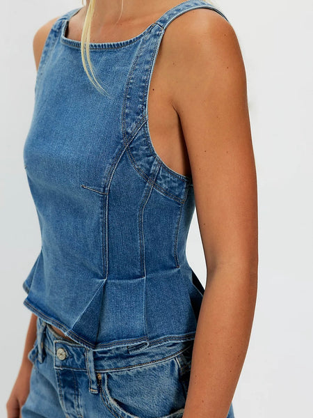 Free People Sunfaded Denim Top- Steel Blue